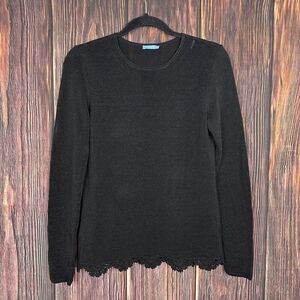J. Mclaughlin Womens Black Open Knit Pullover Sweater Top Scallop Hem Sz Small